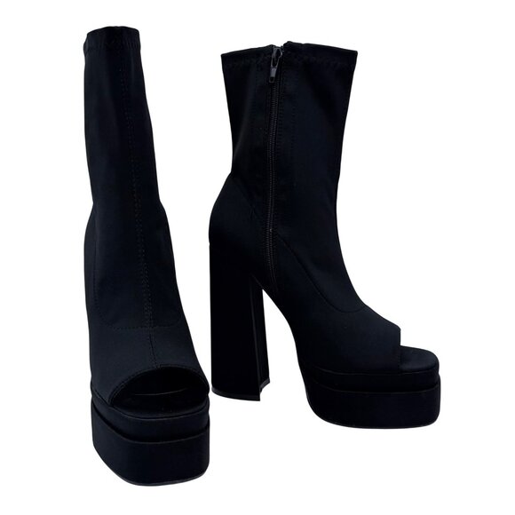 NIB Black Platform Open Toe Chunky Heel Lug Sole Casual Sexy Ankle Boots 10 - Picture 13 of 16